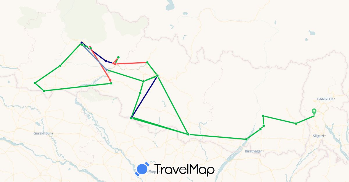 TravelMap itinerary: driving, bus, cycling, hiking in India, Nepal (Asia)