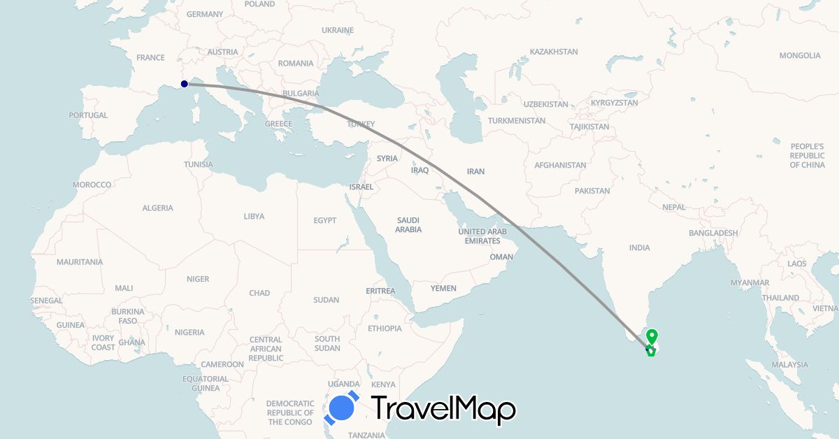 TravelMap itinerary: driving, bus, plane, train in France, Sri Lanka, Turkey (Asia, Europe)